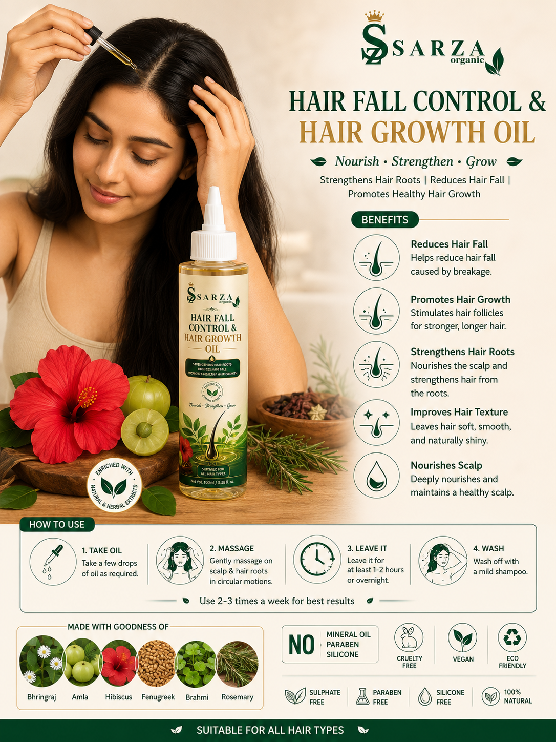 SARZA Organic Herbal Hair Oil with Bhringraj, Amla & Hibiscus – 100 ml