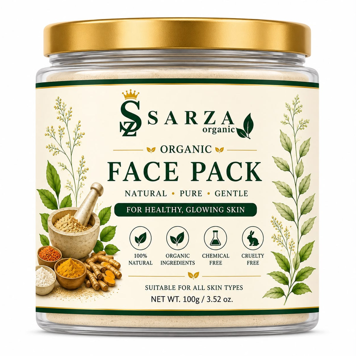 Sarza Organic Face Pack 100g | Natural Herbal Face Pack for Glowing Skin