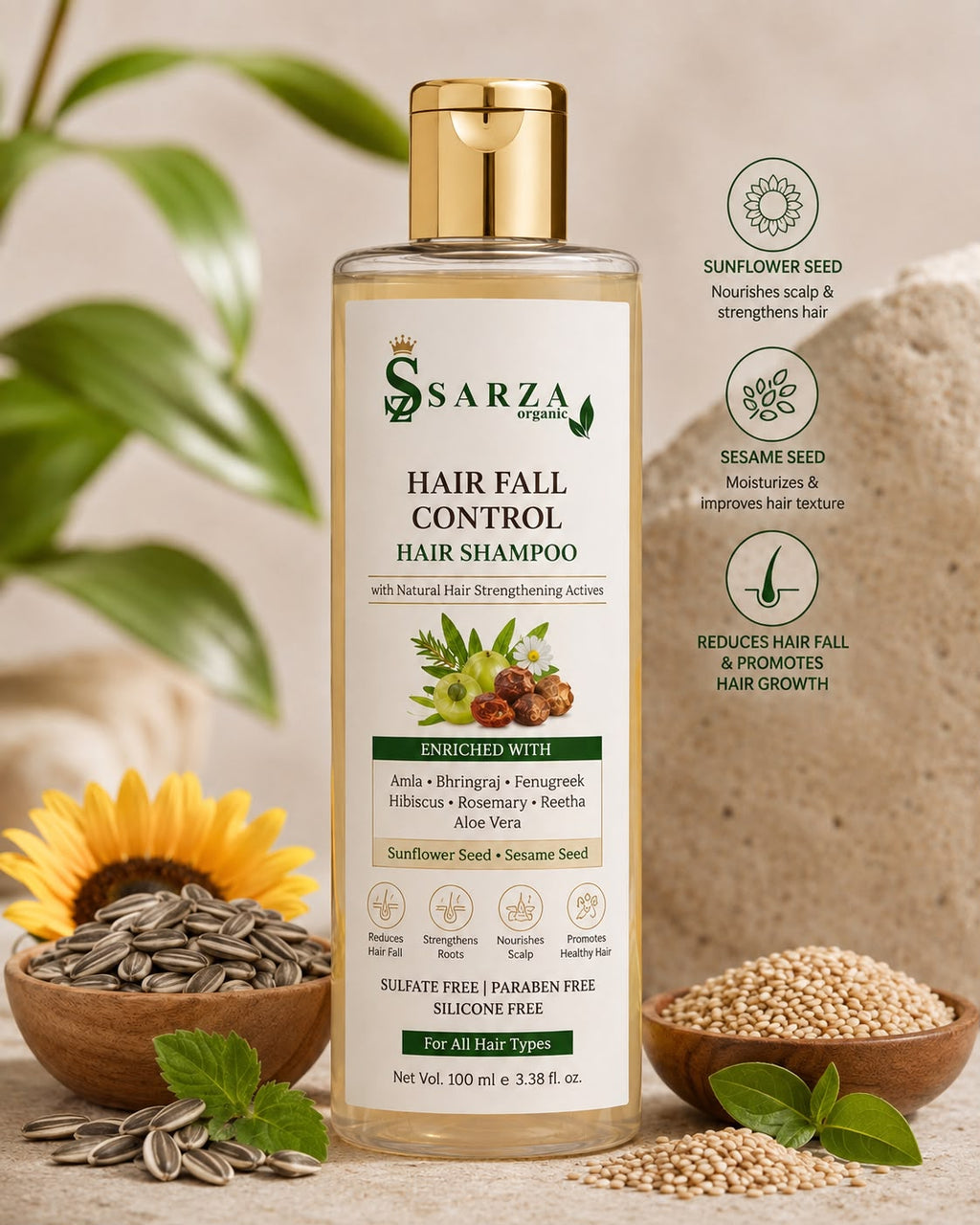 SARZA Organic Herbal Shampoo with Amla, Bhringraj & Fenugreek – 100 ml