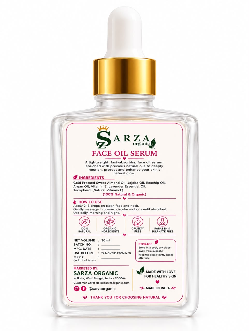 Sarza Organic Face Oil Serum for Women & Men | Brightening, Hydrating & Nourishing Facial Oil