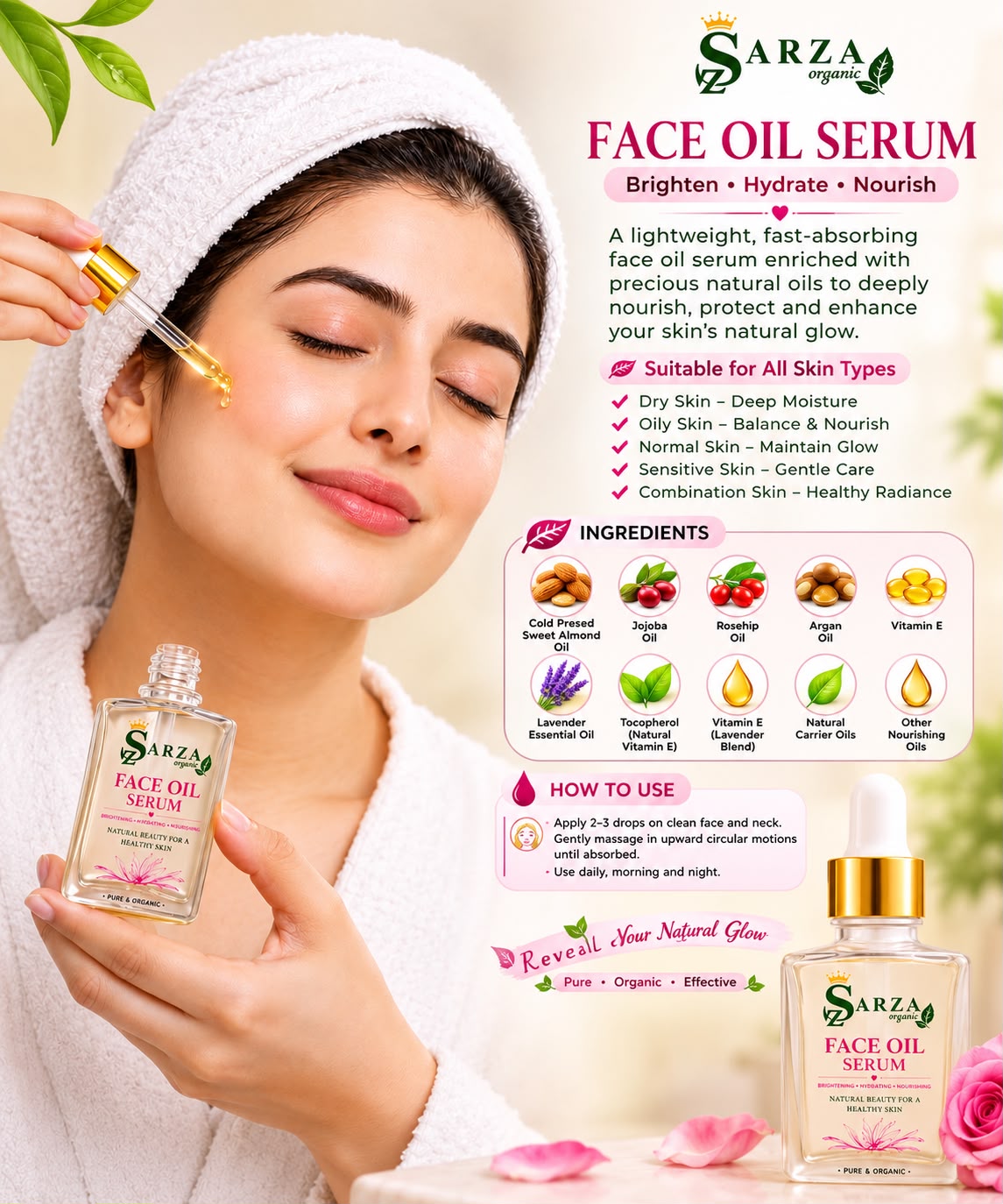 Sarza Organic Face Oil Serum for Women & Men | Brightening, Hydrating & Nourishing Facial Oil