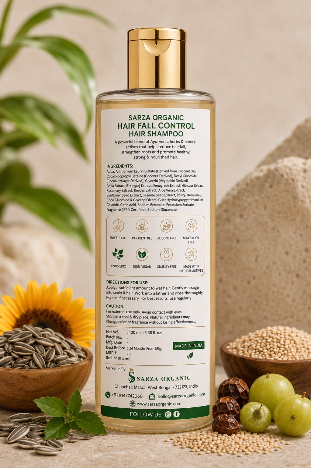 SARZA Organic Herbal Shampoo with Amla, Bhringraj & Fenugreek – 100 ml