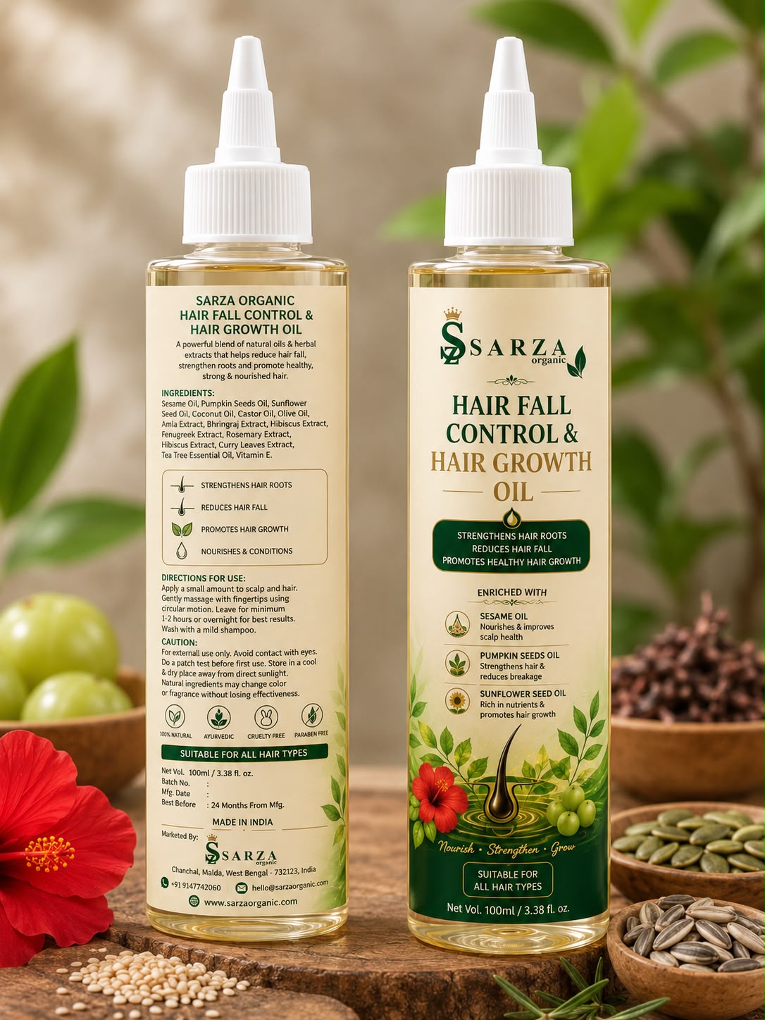 SARZA Organic Herbal Hair Oil with Bhringraj, Amla & Hibiscus – 100 ml